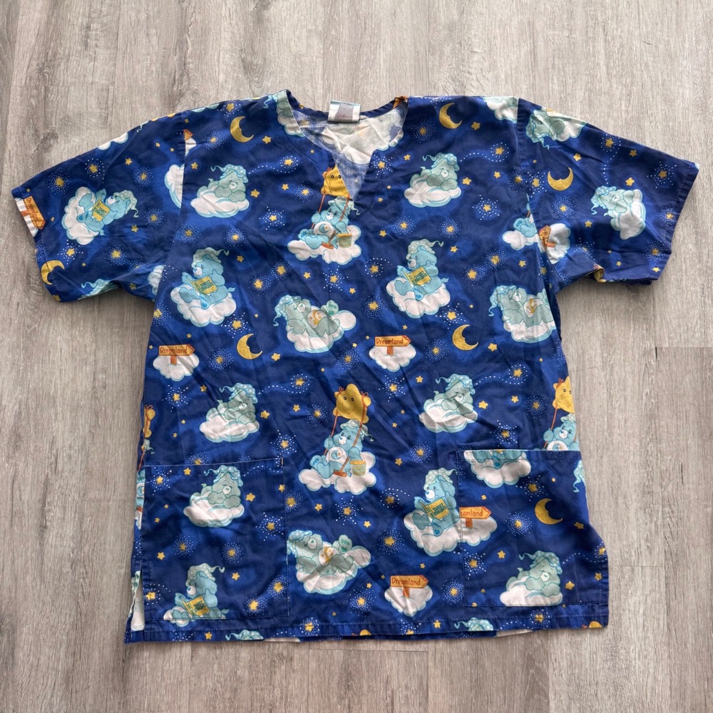 Vintage Care Bears Dreamland Scrub Top Blue Bedtime Bear Short Sleeve Medium